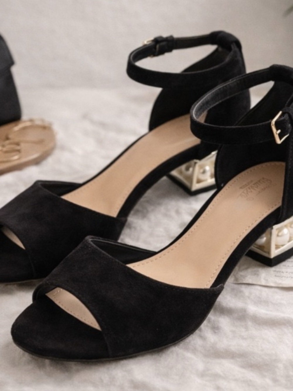 NWOT Black Suede Sandals Pearl Block Heel Ankle Strap Dress Shoes 7